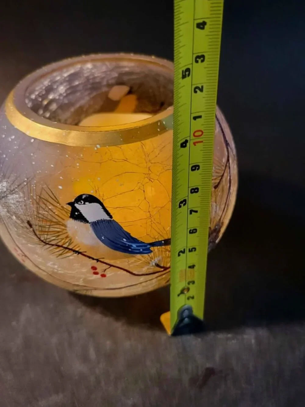 Crackled, Frosted Candle Holder with Chickadee Birds, Pine Cones, Pine Needles